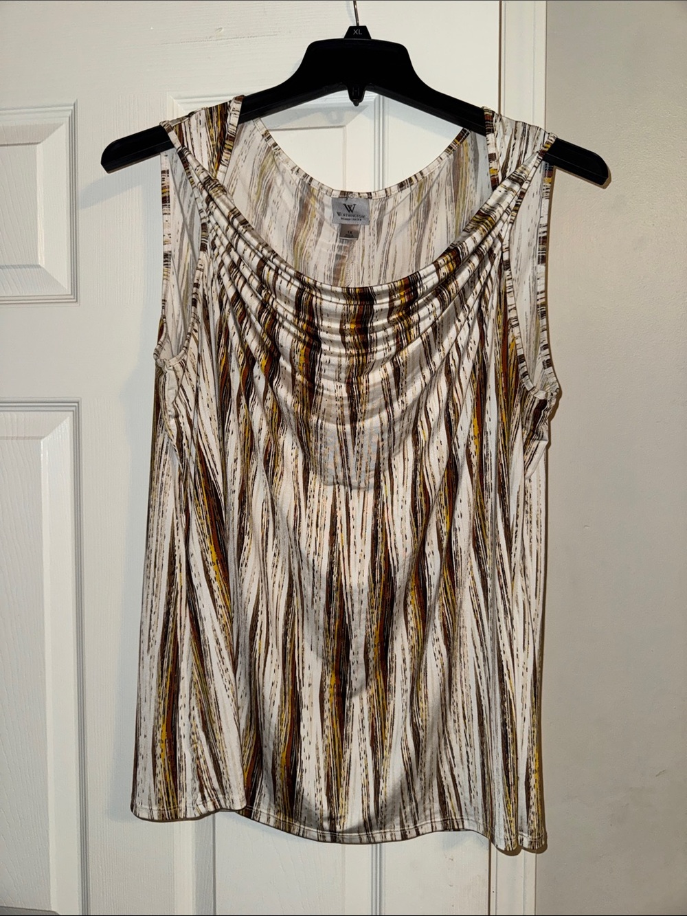 Worthington Draped Neck Sleeveless Stripe Tank - White, Brown, Gold